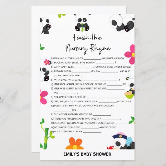 Pink Panda Baby shower Game (Voorkant / Achterkant)