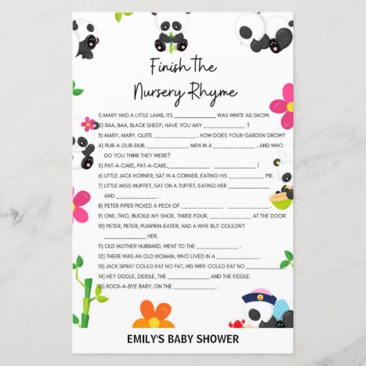 Pink Panda Baby shower Game (Voorkant)