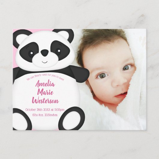 Pink Panda Beer Baby Aankondiging Briefkaart (Voorkant)