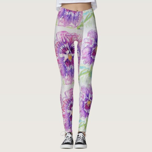 Pink Pansy Floral Waterverf Leggings (Voorkant)