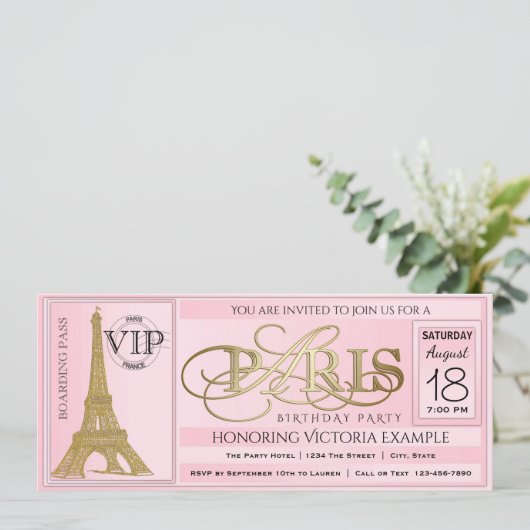 PInk Paris Birthday Party Ticket Kaart (Staand voorkant)