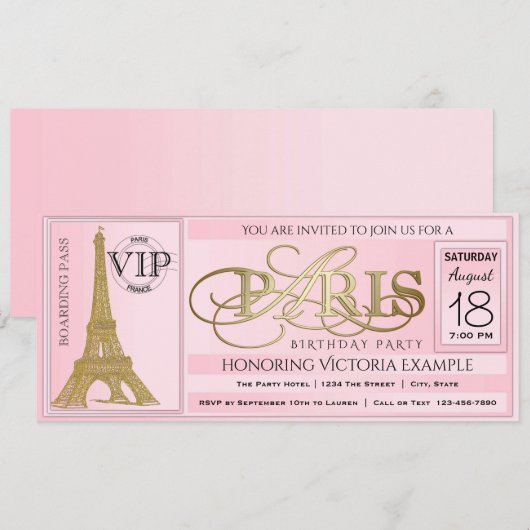 PInk Paris Birthday Party Ticket Kaart (Voorkant / Achterkant)