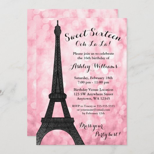 Pink Paris Bokeh Glitter Lights Sweet 16 Kaart (Voorkant / Achterkant)