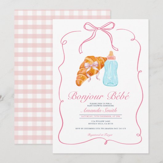 Pink Paris Bow French Croissant Cafe Baby Shower Kaart (Voorkant / Achterkant)