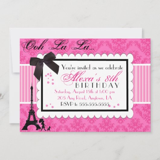 Pink Paris Damask uitnodiging voor verjaardag (Voorkant)