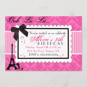 Pink Paris Damask uitnodiging voor verjaardag