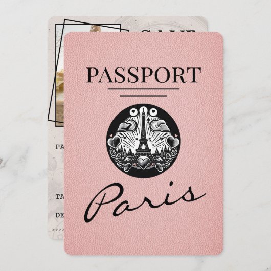 Pink Paris Passport Bewaar de datum Save The Date (Voorkant / Achterkant)