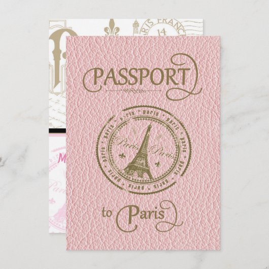 Pink Paris Passport Party Invite Save The Date (Voorkant / Achterkant)