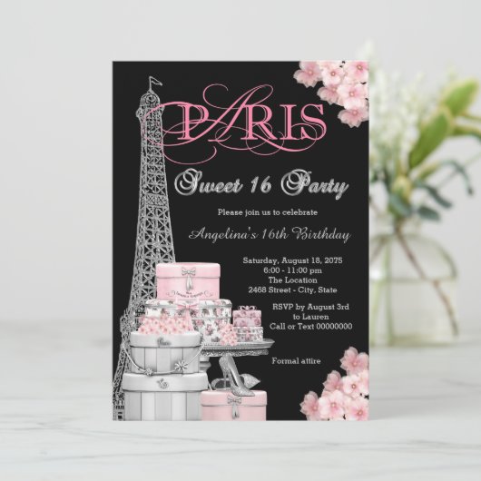Pink Paris Sweet 16 Party Kaart (Staand voorkant)