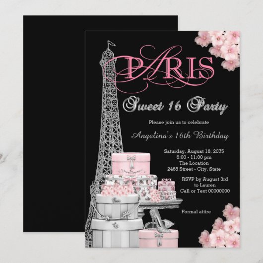 Pink Paris Sweet 16 Party Kaart (Voorkant / Achterkant)