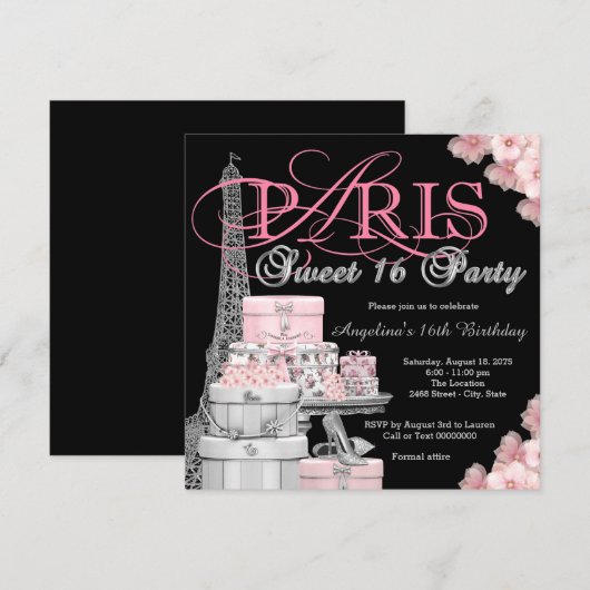 Pink Paris Sweet 16 Party Kaart (Voorkant / Achterkant)