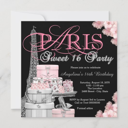 Pink Paris Sweet 16 Party Kaart (Voorkant)
