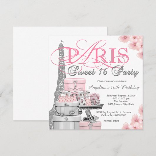 Pink Paris Sweet 16 Party Kaart (Voorkant / Achterkant)