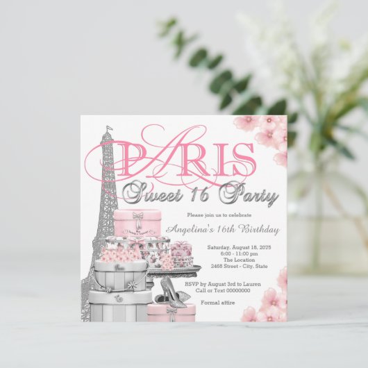 Pink Paris Sweet 16 Party Kaart (Staand voorkant)