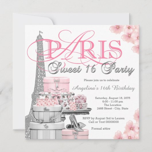 Pink Paris Sweet 16 Party Kaart (Voorkant)