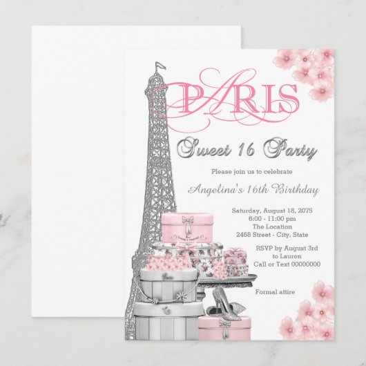 Pink Paris Sweet 16 Party Kaart (Voorkant / Achterkant)