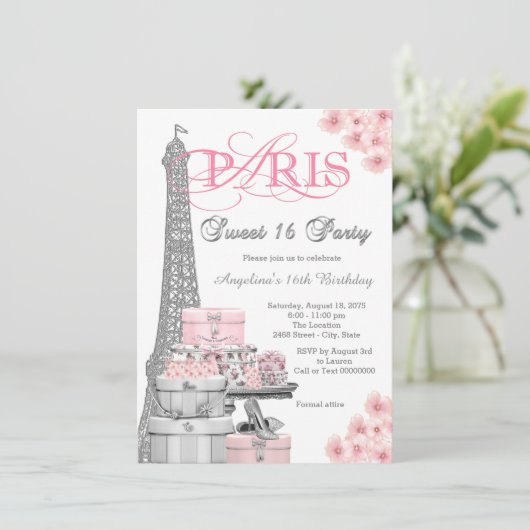 Pink Paris Sweet 16 Party Kaart (Staand voorkant)