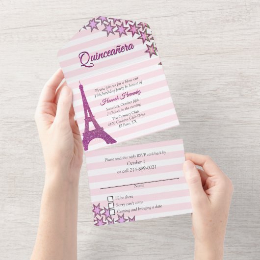 Pink Paris Theenmaal Quinceañera All In One Uitnodiging (Afscheurbaar)