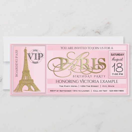 PInk Paris Verjaardagsfeest Ticket Kaart (Voorkant)