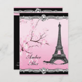 Pink Parisian Eiffel Tower Wedding Invitations Kaart (Voorkant / Achterkant)
