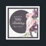 Pink Parrot Boho Botanical 50th Birthday Servet<br><div class="desc">Plan een gedenkwaardige viering van de 50ste verjaardag (of een andere leeftijd) met dit prachtige boho-tropische thema dat zo vrouwelijk is! Dit unieke ontwerp heeft een exotische roze papegaaien op een bouquet van tropische bloemen met paarse protea en orchideeën met sleepwijnstokken en groen. Een cirkelvormig lijst in donkerbessen paarse lijsten...</div>