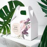 Pink Parrot Boho Tropical 50th Birthday Party Bedankdoosjes<br><div class="desc">Voeg een memorabele persoonlijke touch toe aan een 50ste verjaardagsviering met deze aangepaste gabled gunst box. Het thema is boho tropische bloemen en is geweldig! Een bleek rozen beige rond lijst omringt de tekst samen met een mooie roze papegaai zittend bovenop een boeket van paarse bloemenelementen waaronder protea en orchideeën...</div>
