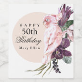 Pink Parrot Boho Tropical 50th Birthday Party Wijn Etiket (Enkel label)