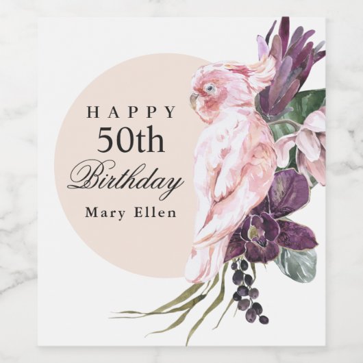 Pink Parrot Boho Tropical 50th Birthday Party Wijn Etiket (Enkel label)