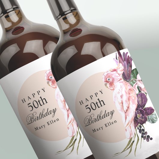 Pink Parrot Boho Tropical 50th Birthday Party Wijn Etiket
