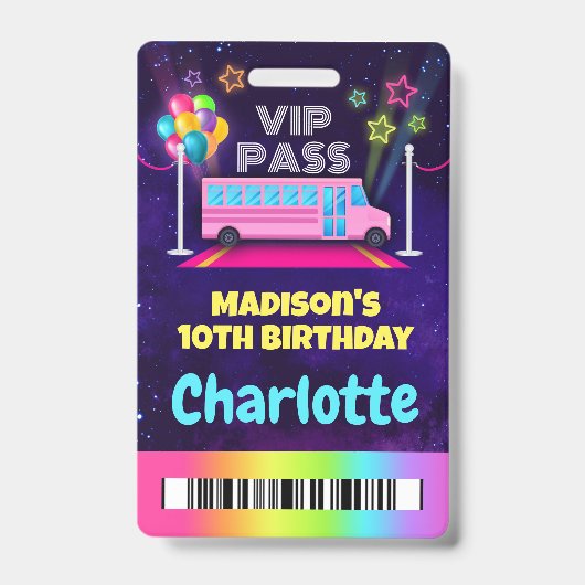 Pink Party Bus VIP Pass Lanyard Badge (Voorzijde)