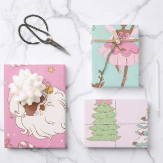Pink Pastel Christmas Black Santa & Ballerina Inpakpapier Vel