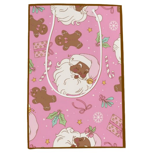 Pink Pastel Christmas Black Santa & Ballerina Medium Cadeauzakje (Voorkant)