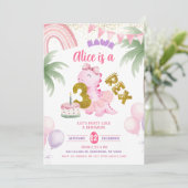 Pink Pastel Dinosaur 3-rex Rawr birthday Invitatio Kaart (Staand voorkant)