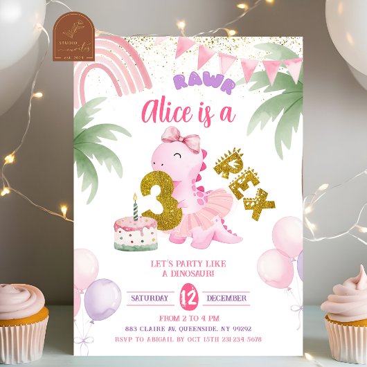 Pink Pastel Dinosaur 3-rex Rawr birthday Invitatio Kaart