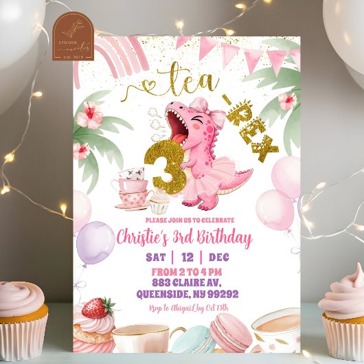 Pink Pastel Dinosaur tea-rex 3rd birthday Kaart