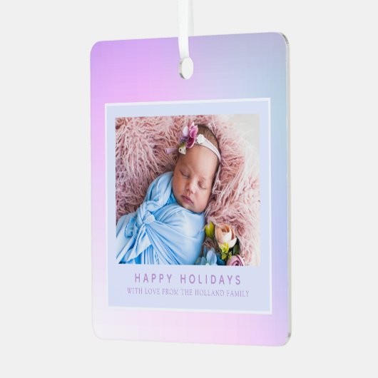 Pink Pastel Foto Happy Holiday Metalen Ornament (Voorkant links)