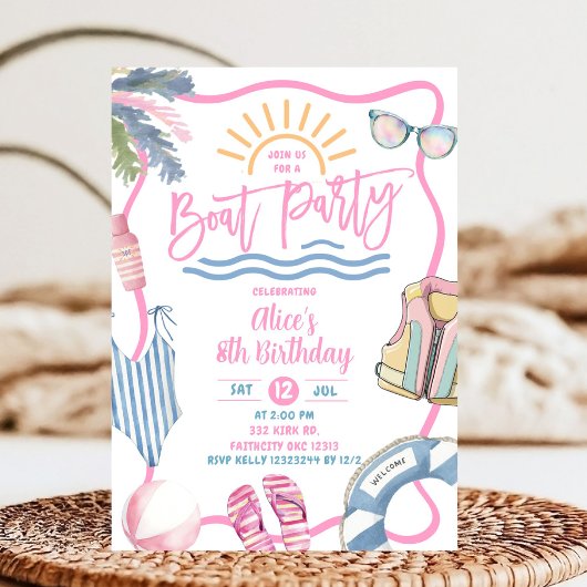 Pink pastel girl boat party birthday kaart
