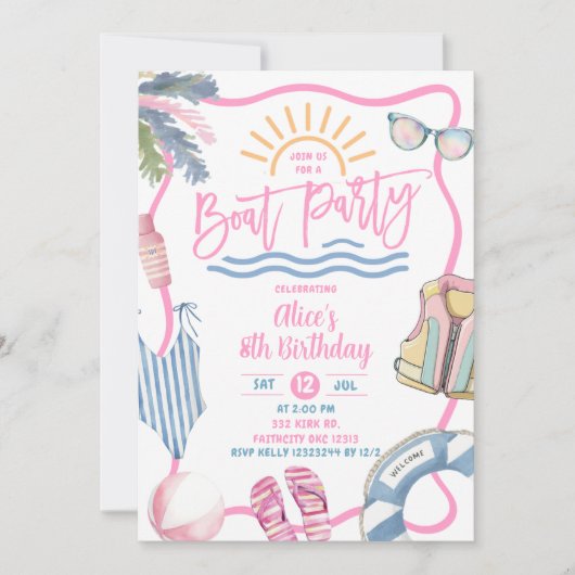 Pink pastel girl boat party birthday kaart (Voorkant)