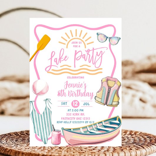 Pink pastel girl Lake party birthday Kaart