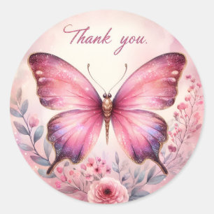 Pink Pastel Gold Glitter Butterfly - Dank u - Ronde Sticker