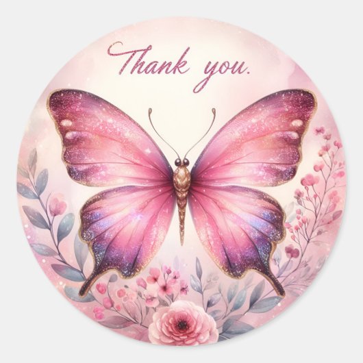 Pink Pastel Gold Glitter Butterfly - Dank u - Ronde Sticker (Voorkant)