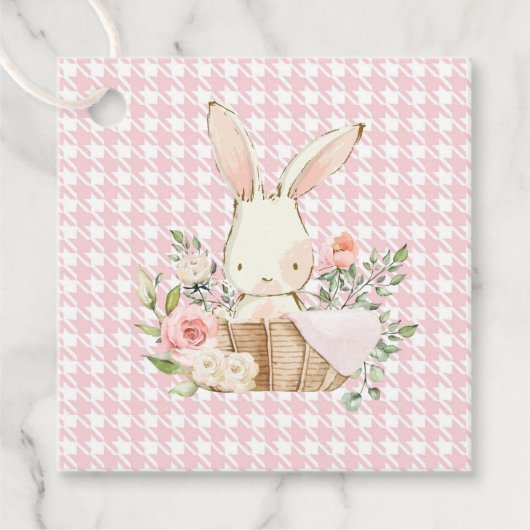 Pink Pastel Houndstooth Bunny Rabbit Bedankjes Labels (Voorkant)