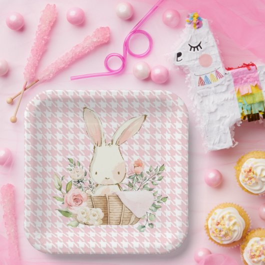 Pink Pastel Houndstooth Bunny Rabbit Papieren Bordje (Feest)
