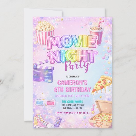 Pink Pastel Movie Night Birthday Party  Kaart (Voorkant)