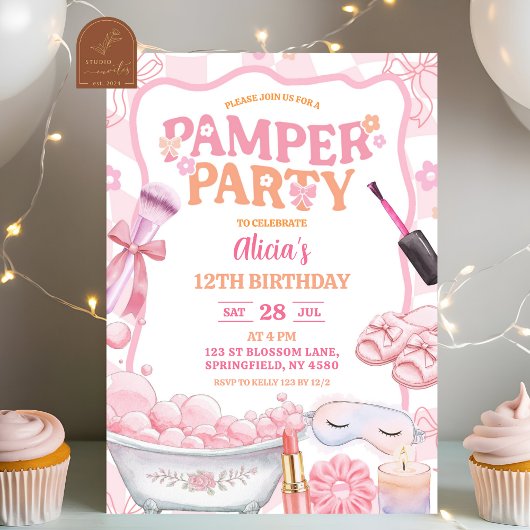 Pink Pastel Retro Spa Pamper Party Birthday Kaart