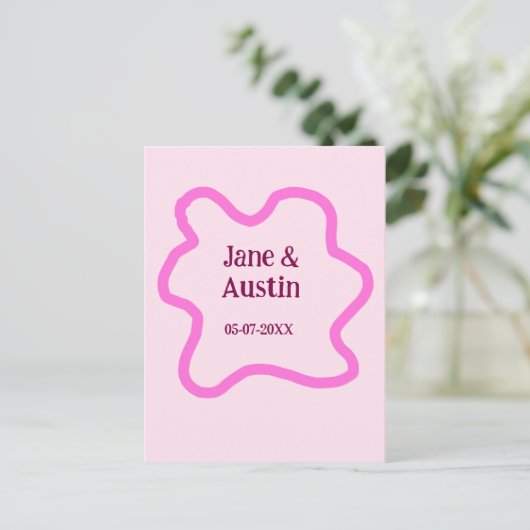 Pink pastel retro wedding border frame name date briefkaart (Staand voorkant)