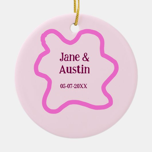 Pink pastel retro wedding border frame name date keramisch ornament (Voorkant)