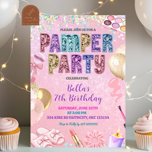 Pink Pastel Sequin Glitter Pamper Party Birthday Kaart