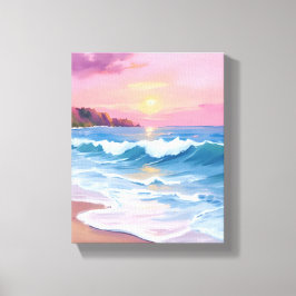 Pink Pastel Skies | Ocean Watercolor Beach Waves Canvas Afdruk