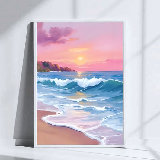 Pink Pastel Skies | Ocean Watercolor Beach Waves Poster